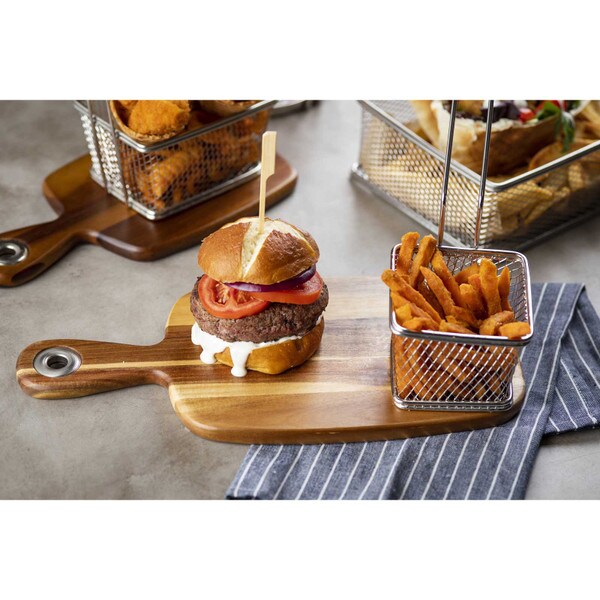 Acacia Board with a hamburger and Fries