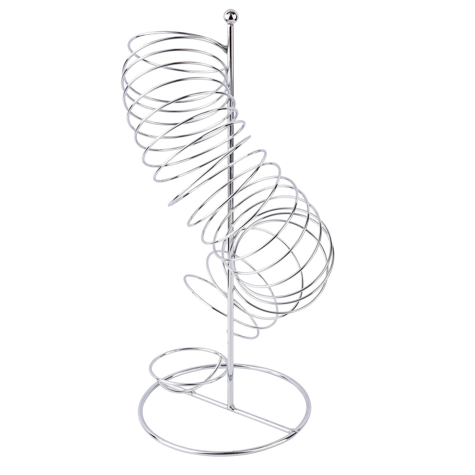 TableCraft FSP1507 chrome spiral fruit basket front view showing two rounded wire basket sections along the vertical spiral