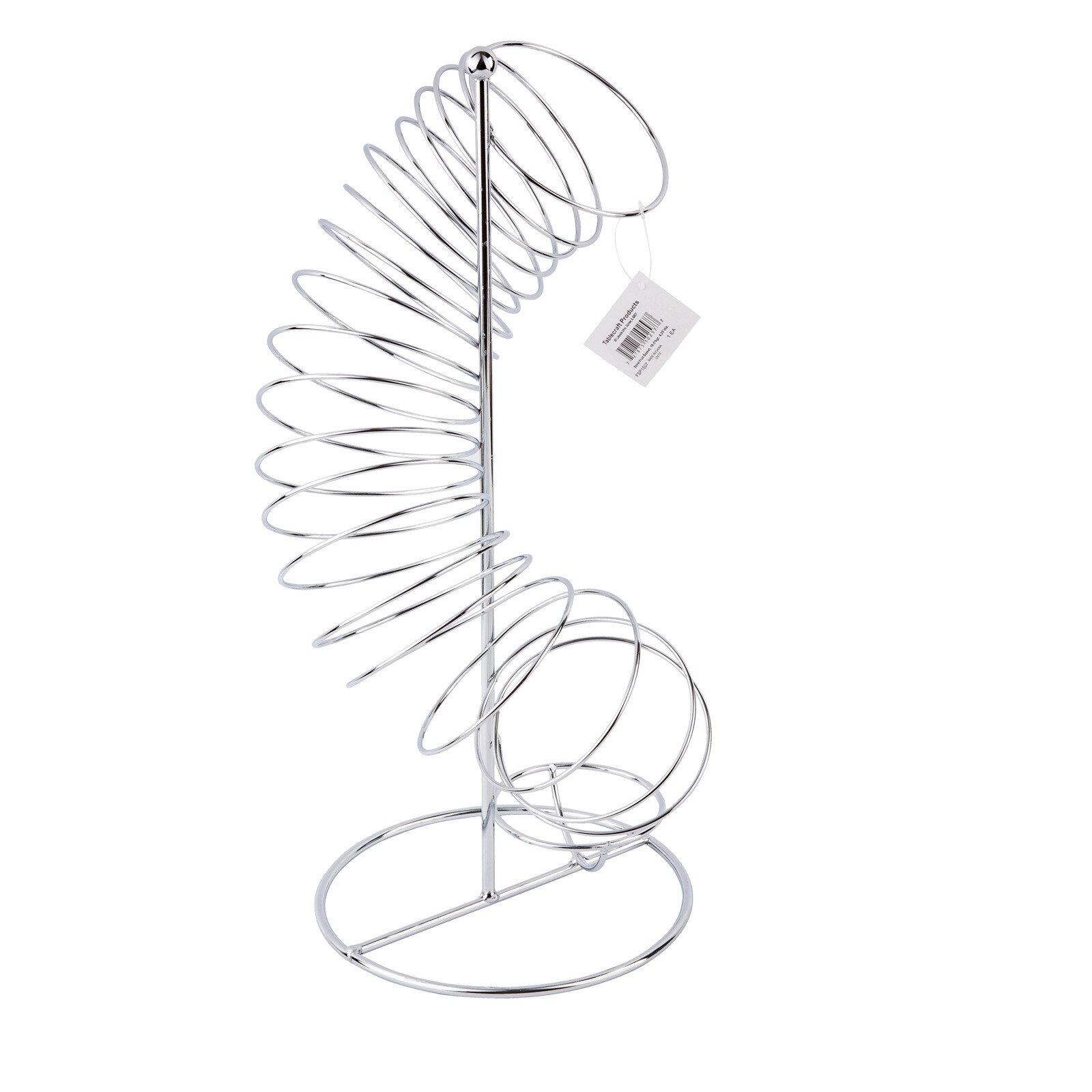 TableCraft FSP1507 chrome spiral fruit basket side profile view with retail hang tag attached