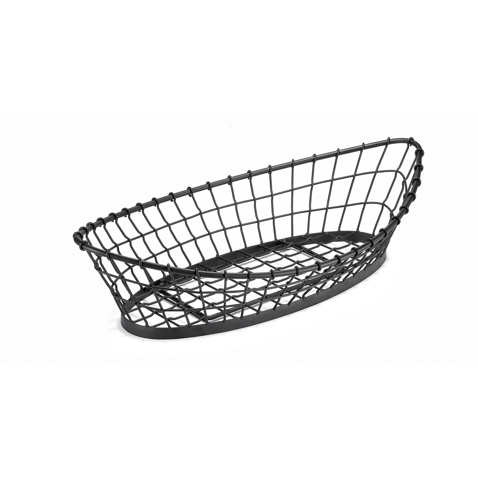 TableCraft GMT2412 black powder-coated oblong wire basket, angled 3/4 view showing wire grid sides and oval base