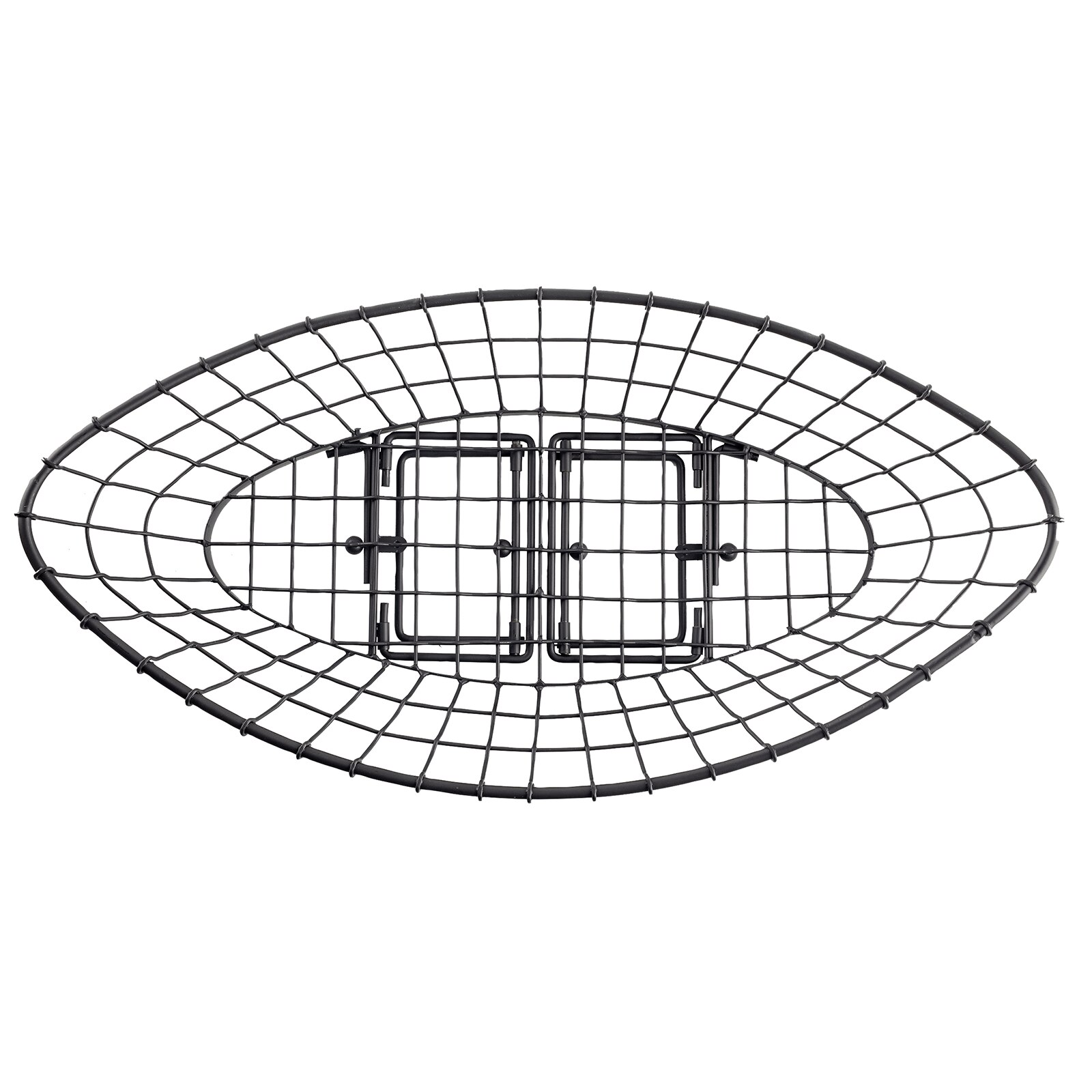 TableCraft GMT2412 oblong wire basket viewed from above, showing adjustable leg mechanism folded flat beneath the wire grid base