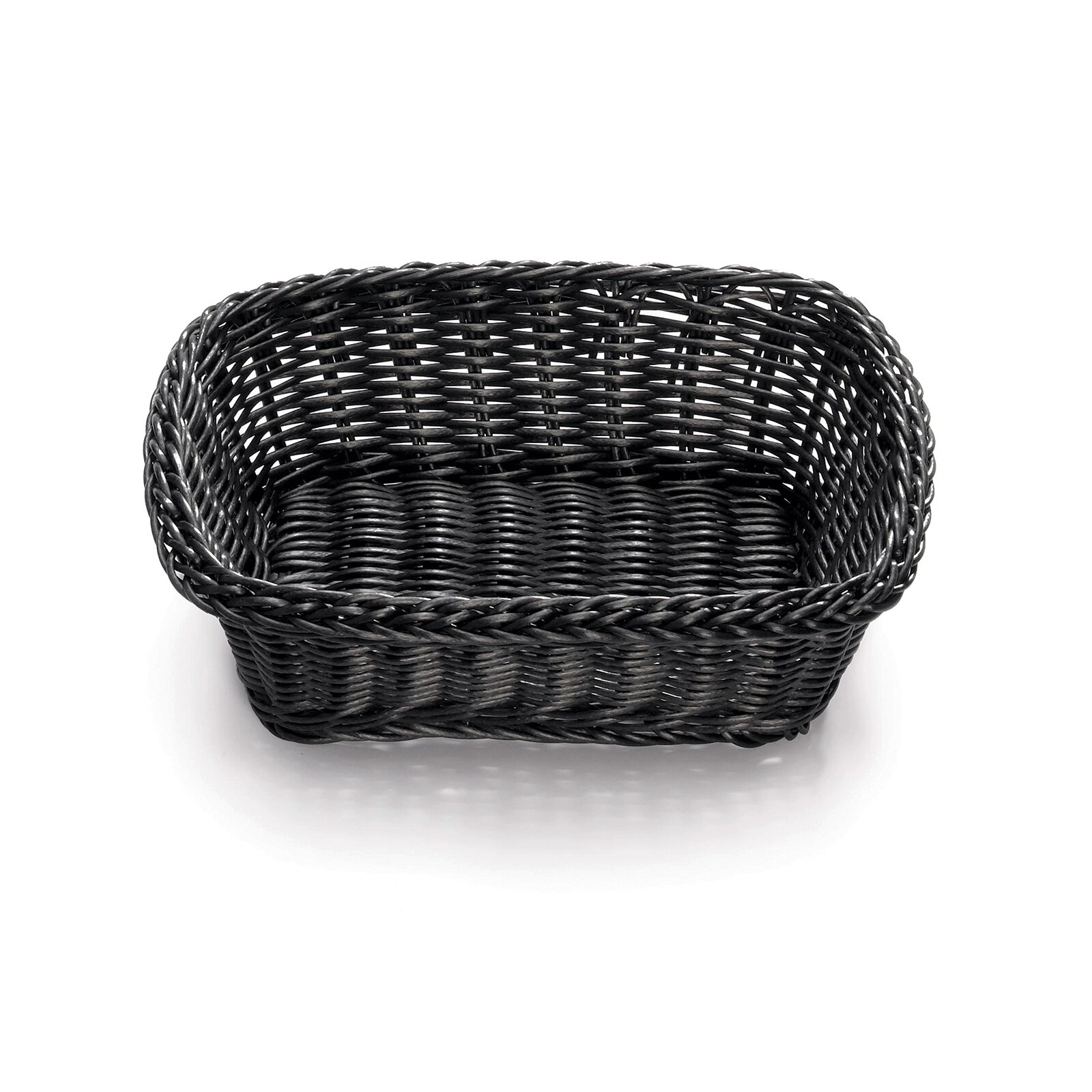 TableCraft M2485 black rectangular woven polypropylene serving basket, top-down view on white background