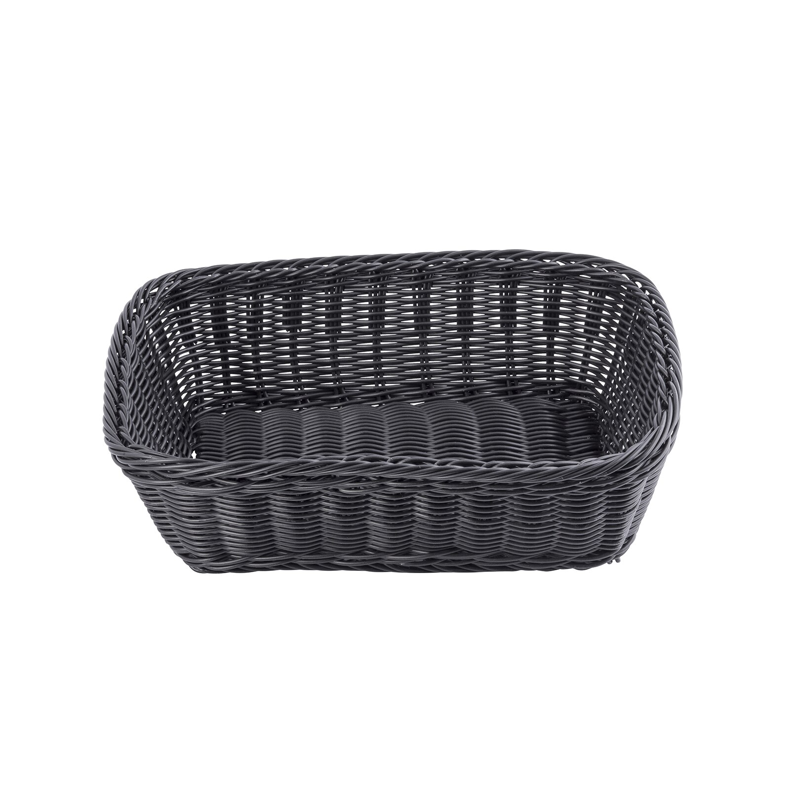 TableCraft M2485 black rectangular woven basket, front-facing angled view highlighting side wall weave texture
