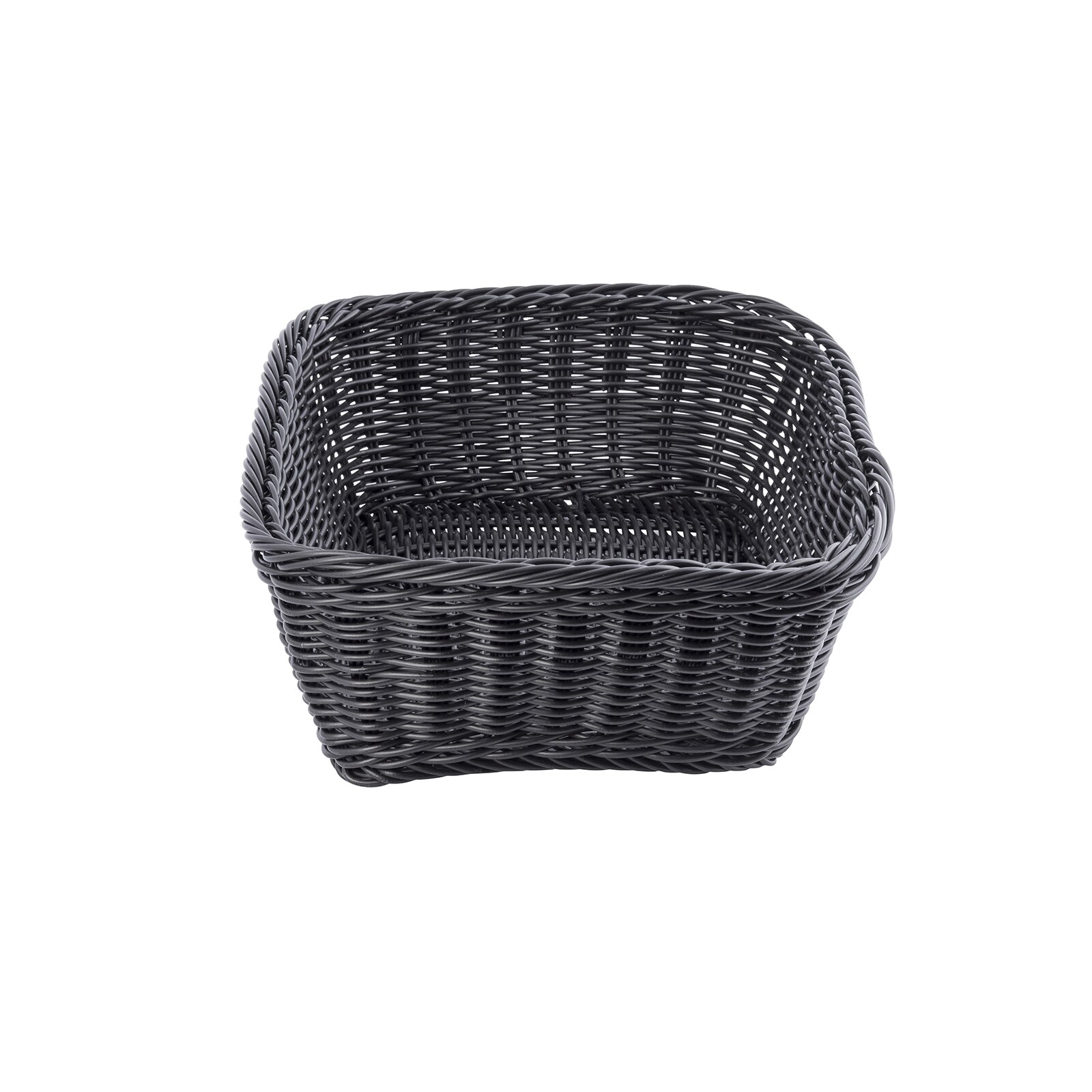 TableCraft M2485 black rectangular woven basket, angled three-quarter view showing side and interior weave detail